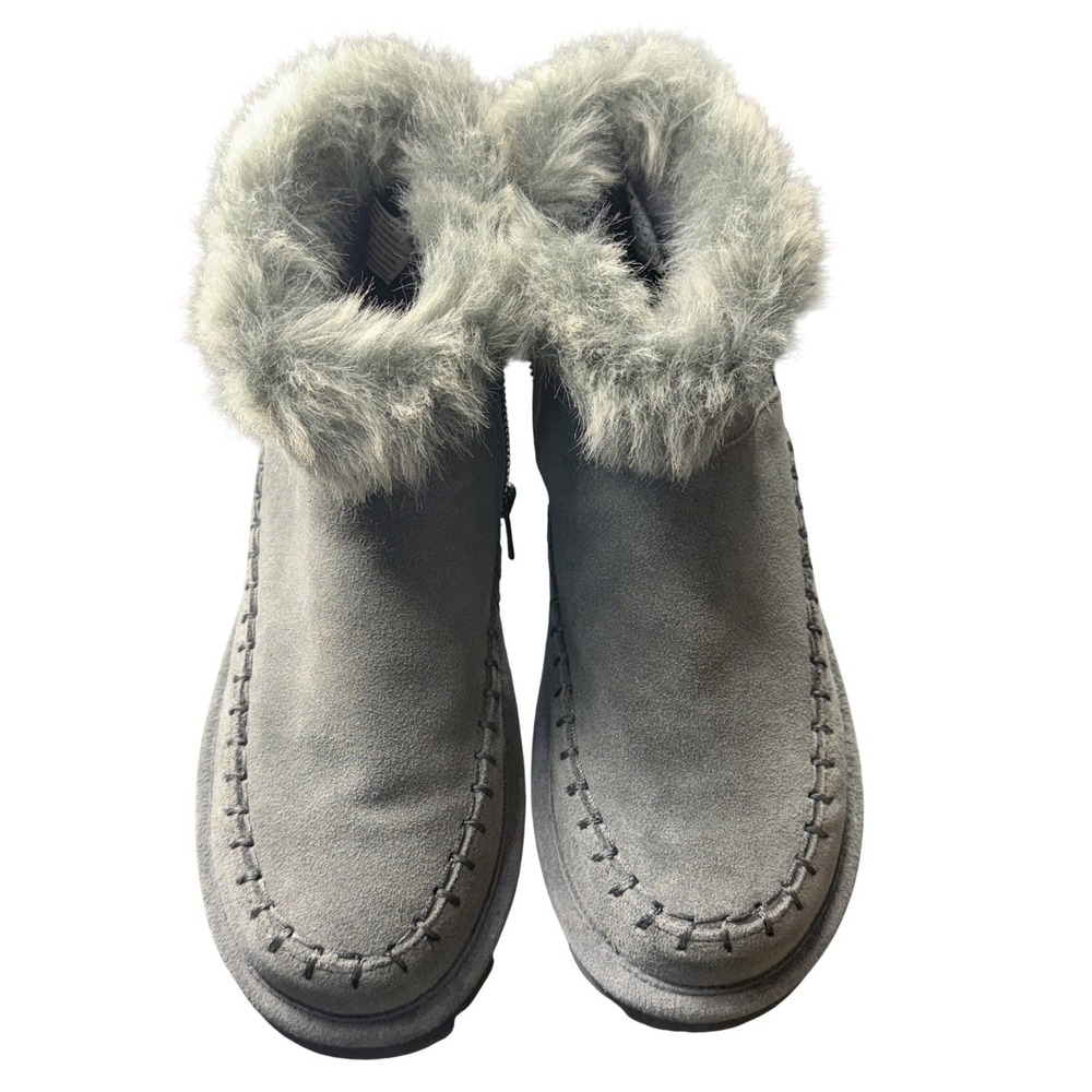 Bearpaw Women Gray Suede Faux Fur Trim Zip Ankle Boots Size 6 Whipstitch Detail